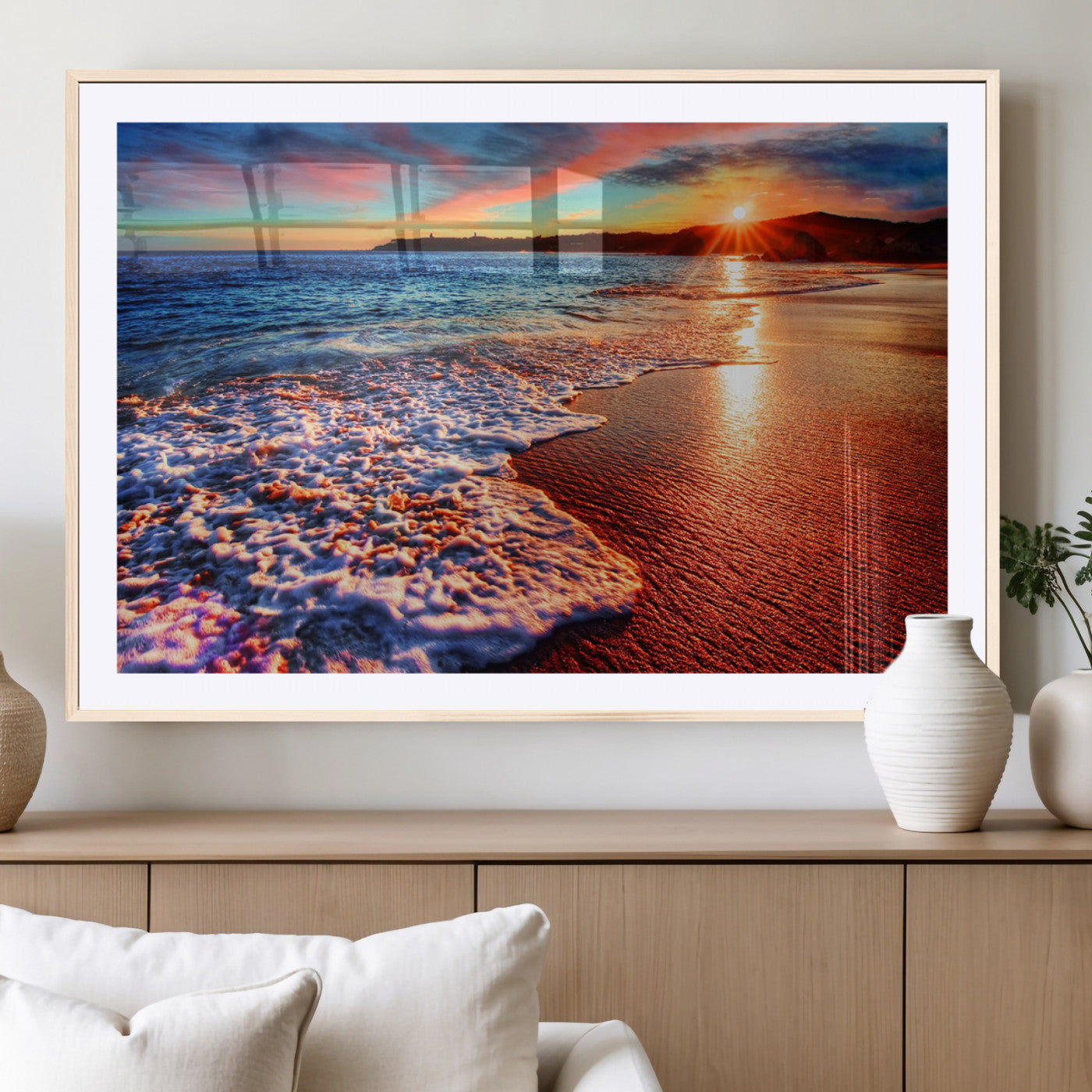 MGC-FP-36x24 - Colorful Coastal Sunset on the Beach Canvas Print, Ocean Waves Crashing at Dusk, Multi-Panel