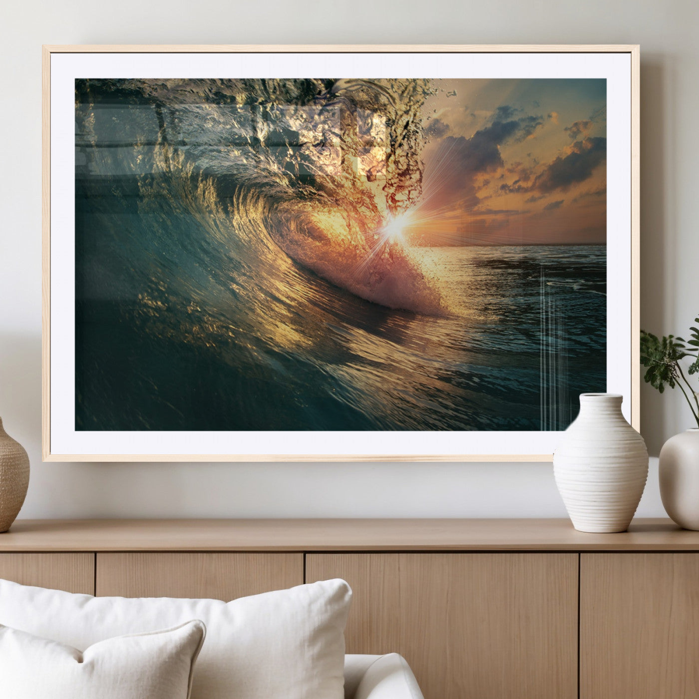 MGC-FP-36x24 - Ocean Wave Sunset Canvas Wall Art – Triptych Seascape Print – Framed and Ready to Hang for Living