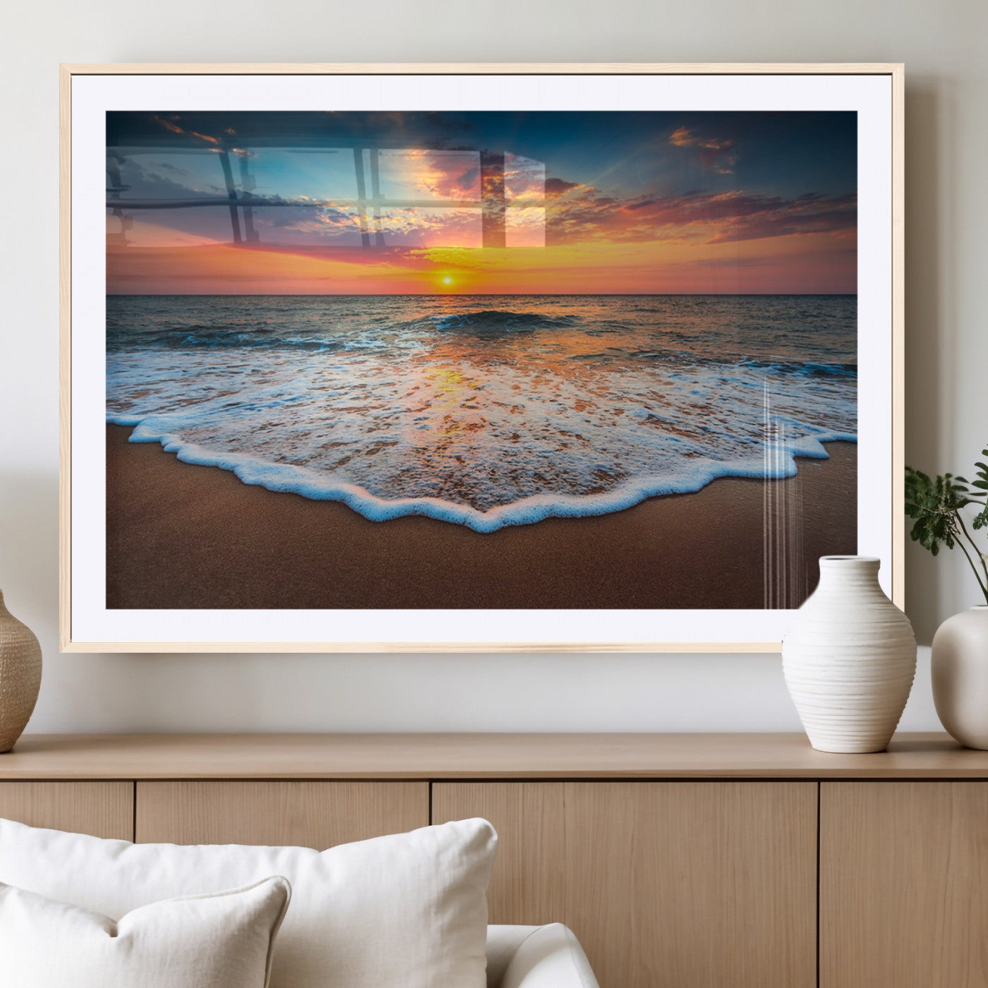 MGC-FP-36x24 - Sunset Beach Canvas Wall Art – Colorful Ocean Waves Triptych – Coastal Decor for Living Room or