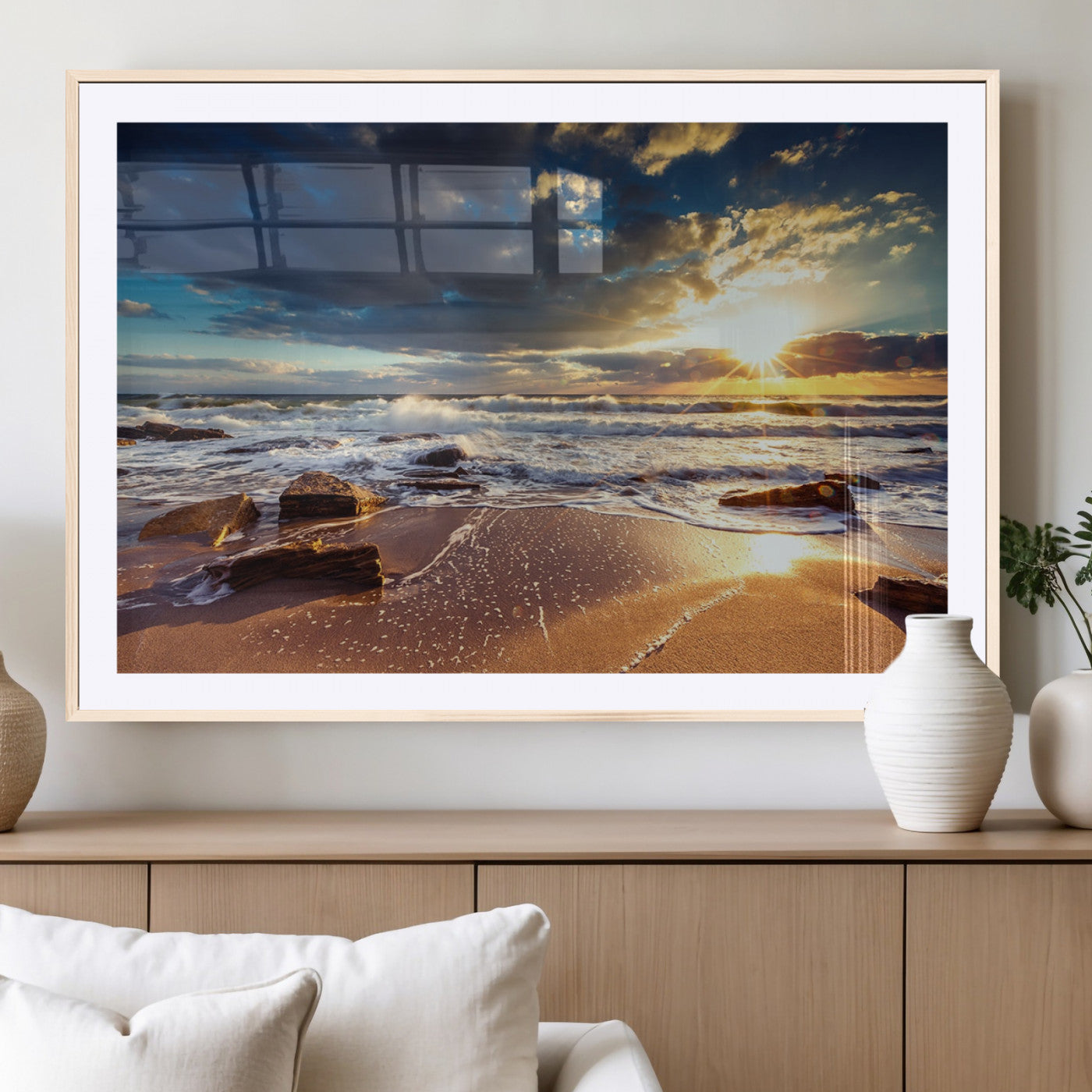 MGC-FP-36x24 - Golden Hour Beach Sunset Canvas Triptych, Ocean Waves and Rocks Wall Art for Coastal Home Decor