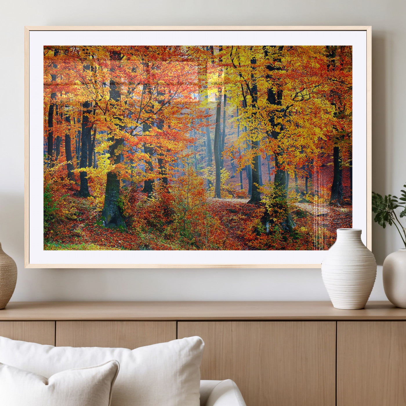 MGC-FP-36x24 - Autumn Red Forest Triptych Canvas Wall Art Print, Forest Wall Decor, Fall Landscape Art | Season