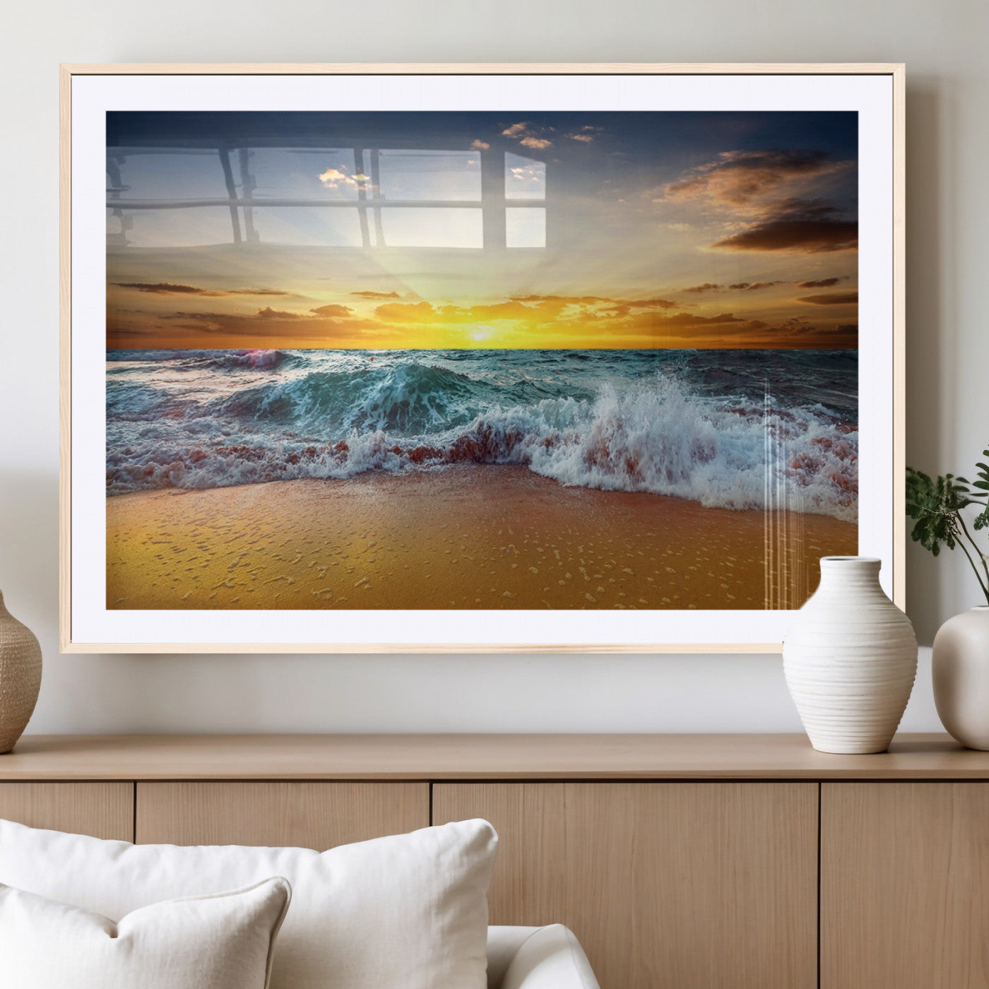 73401-MGC-FP-36x24_Natural-Golden Sunset Ocean Waves Wall Art Canvas Print – Multi Panel Beach Canvas Print Set – Large Coastal