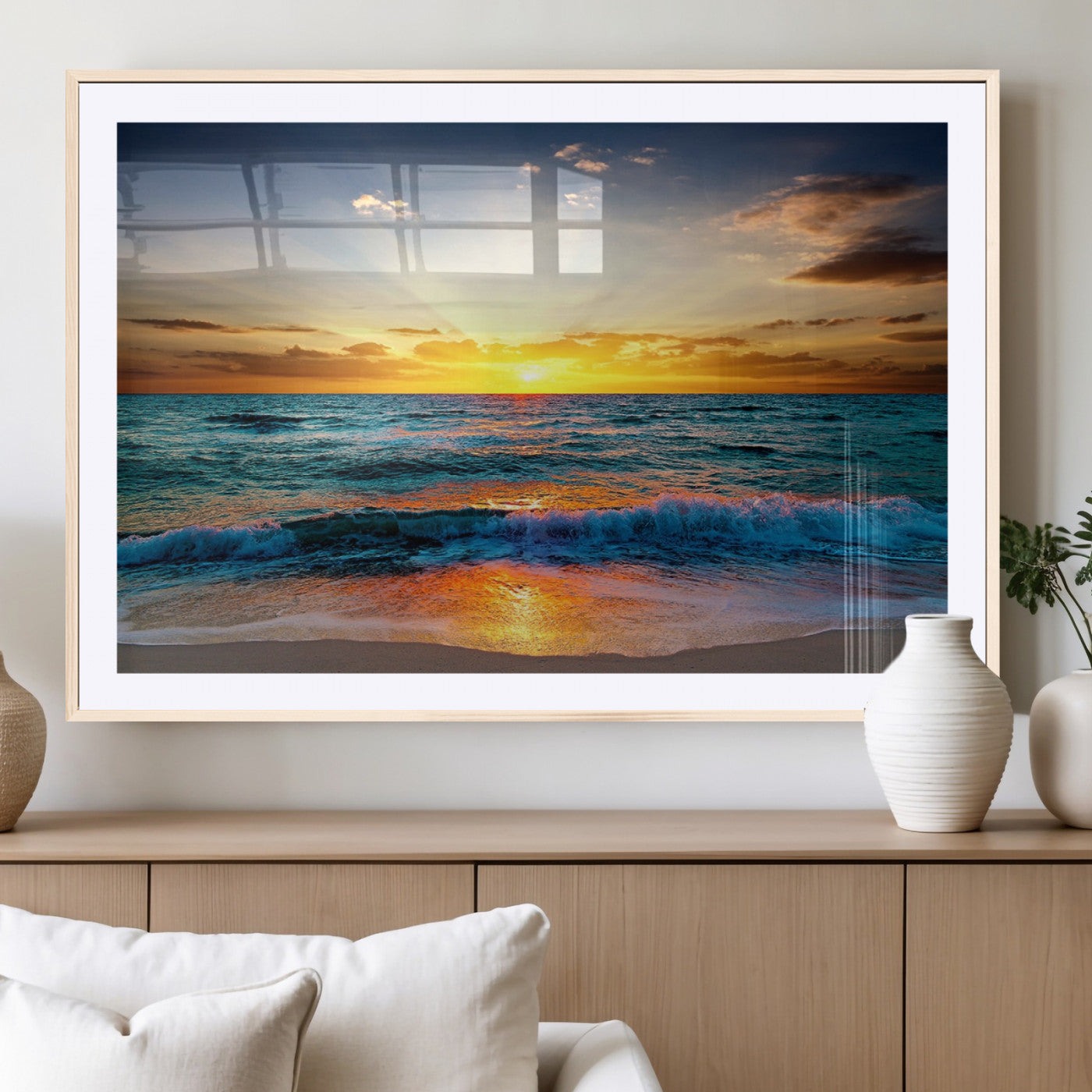 -Vibrant Ocean Sunrise Over Golden Beach Waves, Giclee Canvas Wall Art Set, High-Quality Stretched