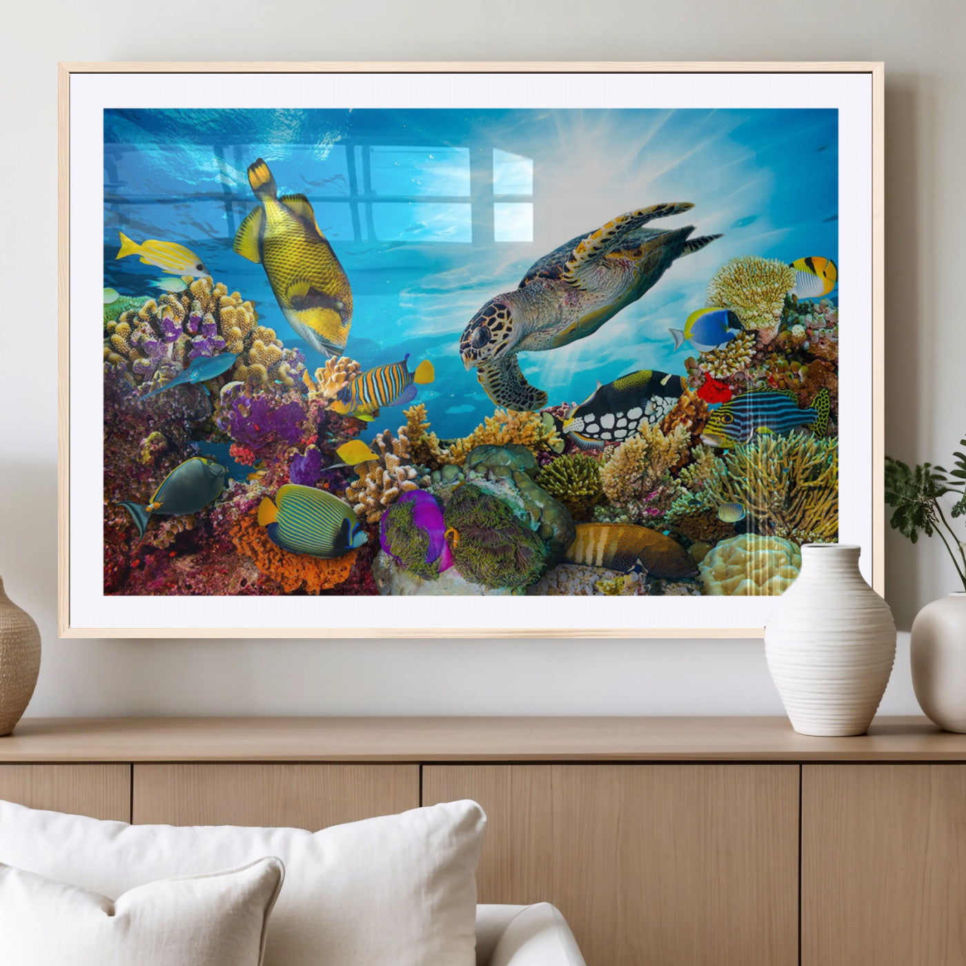 MGC-FP-36x24 - Sea Turtle Coral Reef Wall Art Print – Colorful Underwater Canvas Print – Tropical Ocean Marine Life Artwork – Perfect for Coastal Home Decor