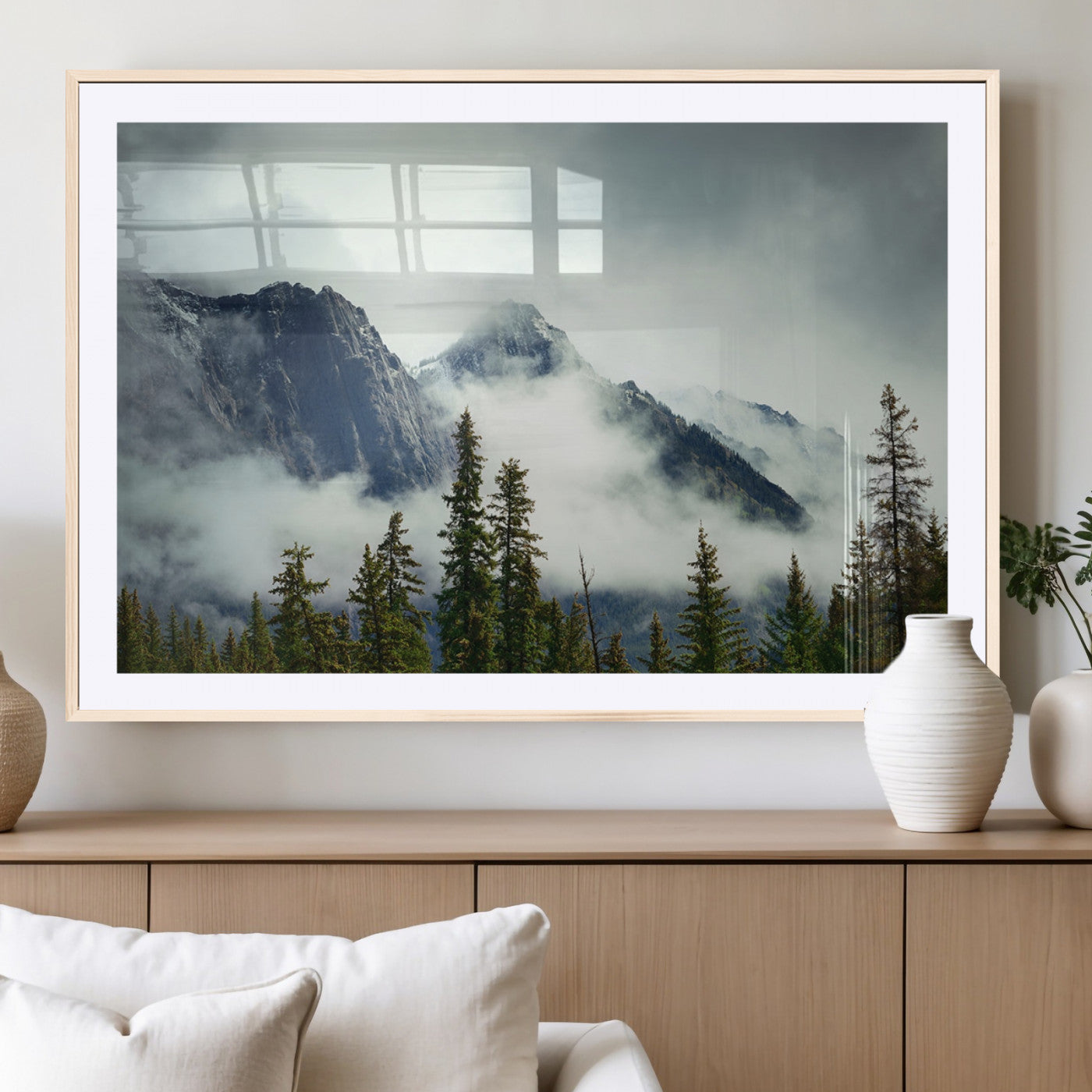MGC-FP-36x24 - Mountain Mist Canvas Wall Art Print | 3-Panel Foggy Forest and Mountain Landscape | Large Giclee