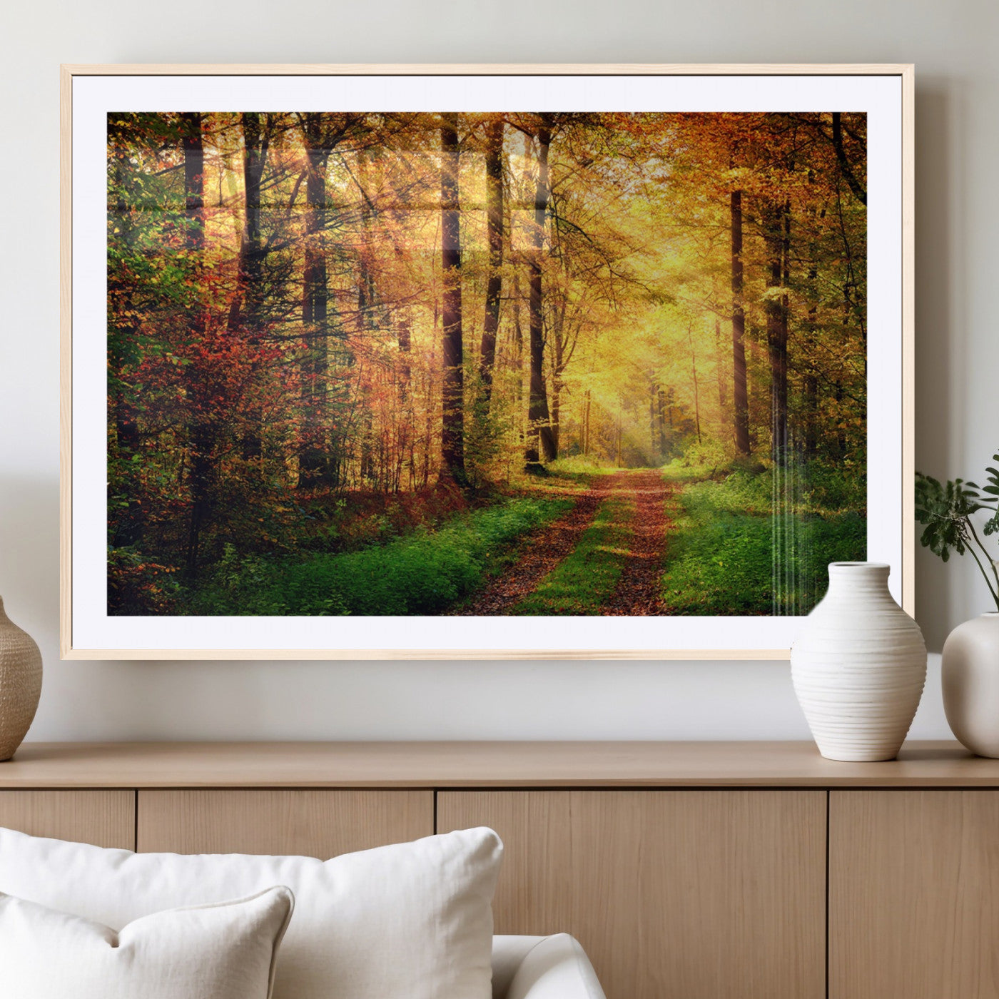 MGC-FP-36x24 - Forest Fall Wall Art Print - Sunlight Through Trees Wall Art Canvas Print