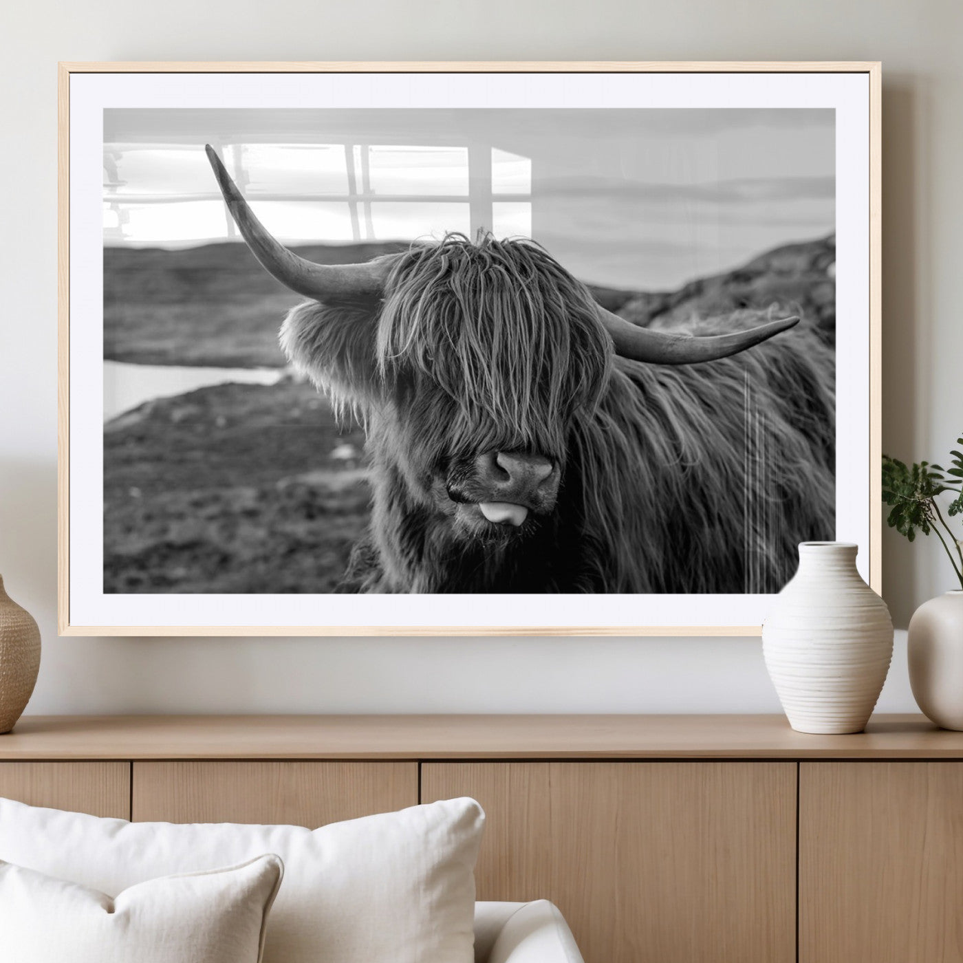 MGC-FP-36x24 - Longhorn Steer Canvas Print Wall Art, Highland Cow Canvas Wall Art – Black and White Animal Portrait