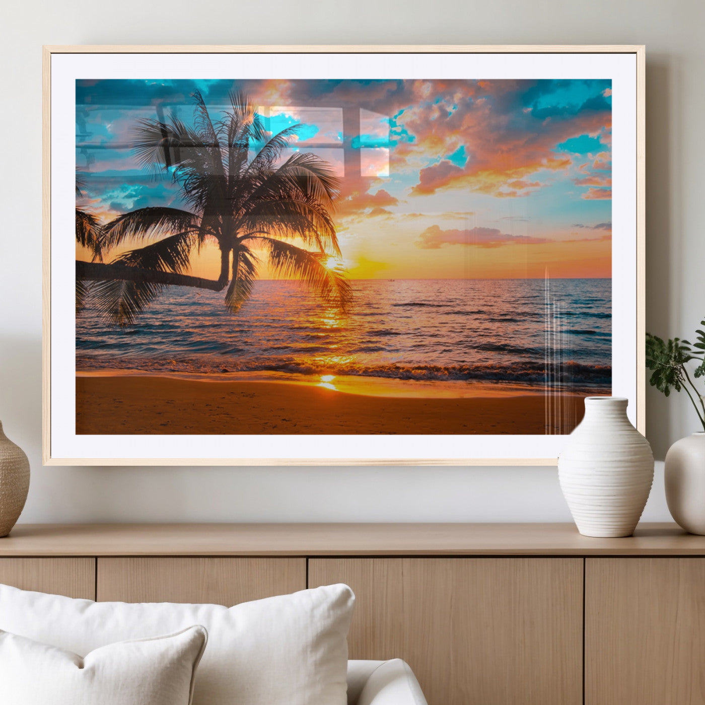 -Palm Tree Sunset On The Beach Wall Art Canvas, Framed Palm Tree Sunset Canvas Print