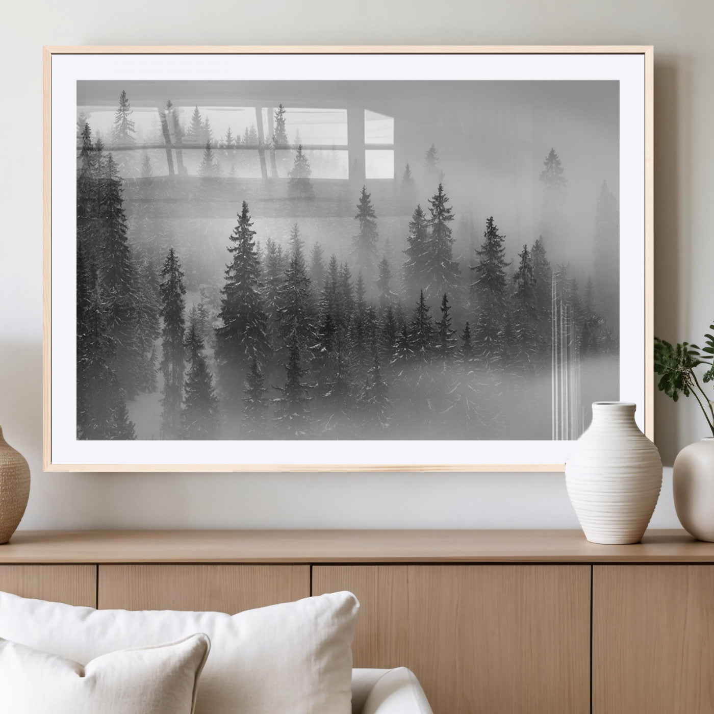 MGC-FP-36x24 - Black and White Forest Wall Art Print – Misty Pine Tree Canvas Print – Winter Woodland Nature Artwork – Perfect for Minimalist Home Decor