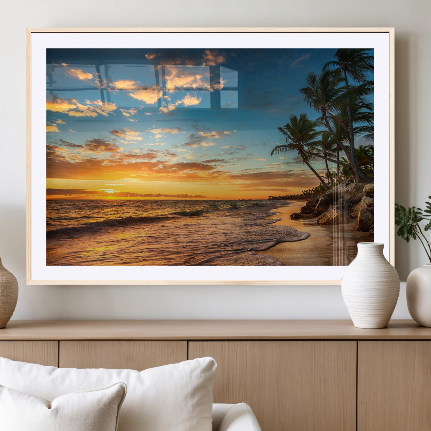 MGC-FP-36x24 - Tropical Beach Sunset Wall Art Print – Palm Tree Coastal Canvas Print – Ocean Seascape Artwork – Perfect for Tropical Modern Home Decor