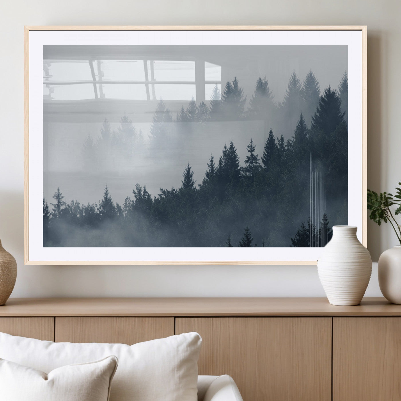 MGC-FP-36x24 - Misty Forest Wall Art Print – Foggy Pine Tree Canvas Print – Dark Woodland Nature Artwork – Perfect for Minimalist and Modern Home Decor