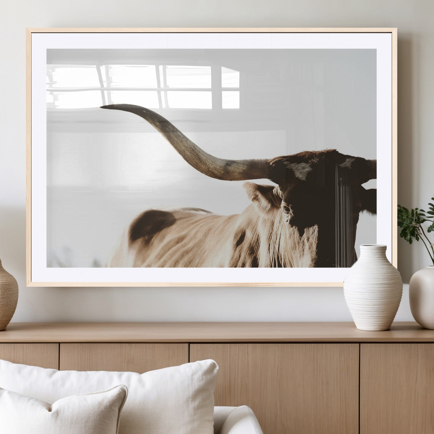 MGC-FP-36x24 - Texas Longhorn Wall Art Canvas Print | 3-Panel Large Longhorn Canvas Print for Living Room, Framed