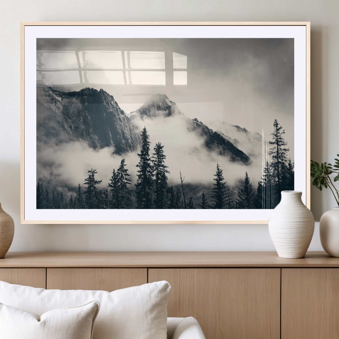 MGC-FP-36x24 - Forest Mountain Print - Black and White Canvas Wall Art with Misty Forest Design for Elegant and