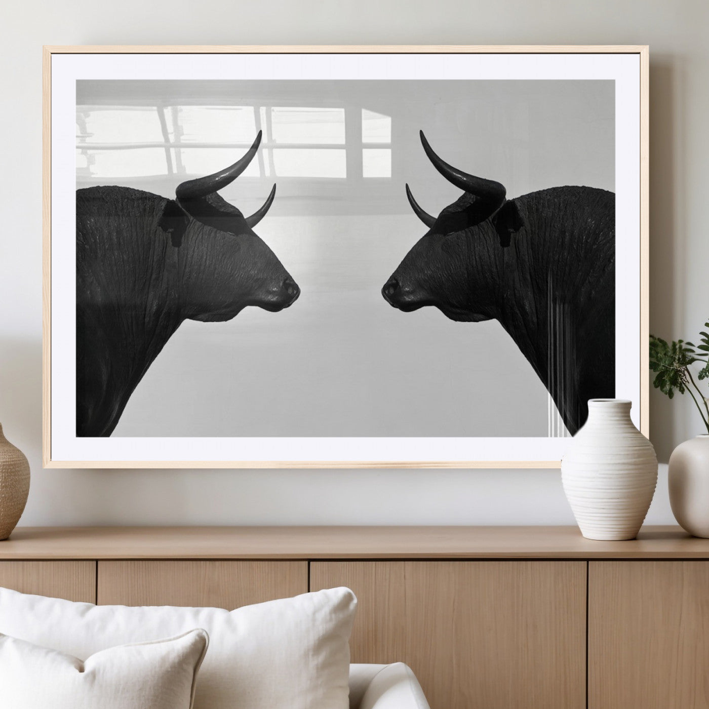 -Spanish Bull Art - Framed Black and White Bull Canvas Print for Modern Rustic Home or Office Decor
