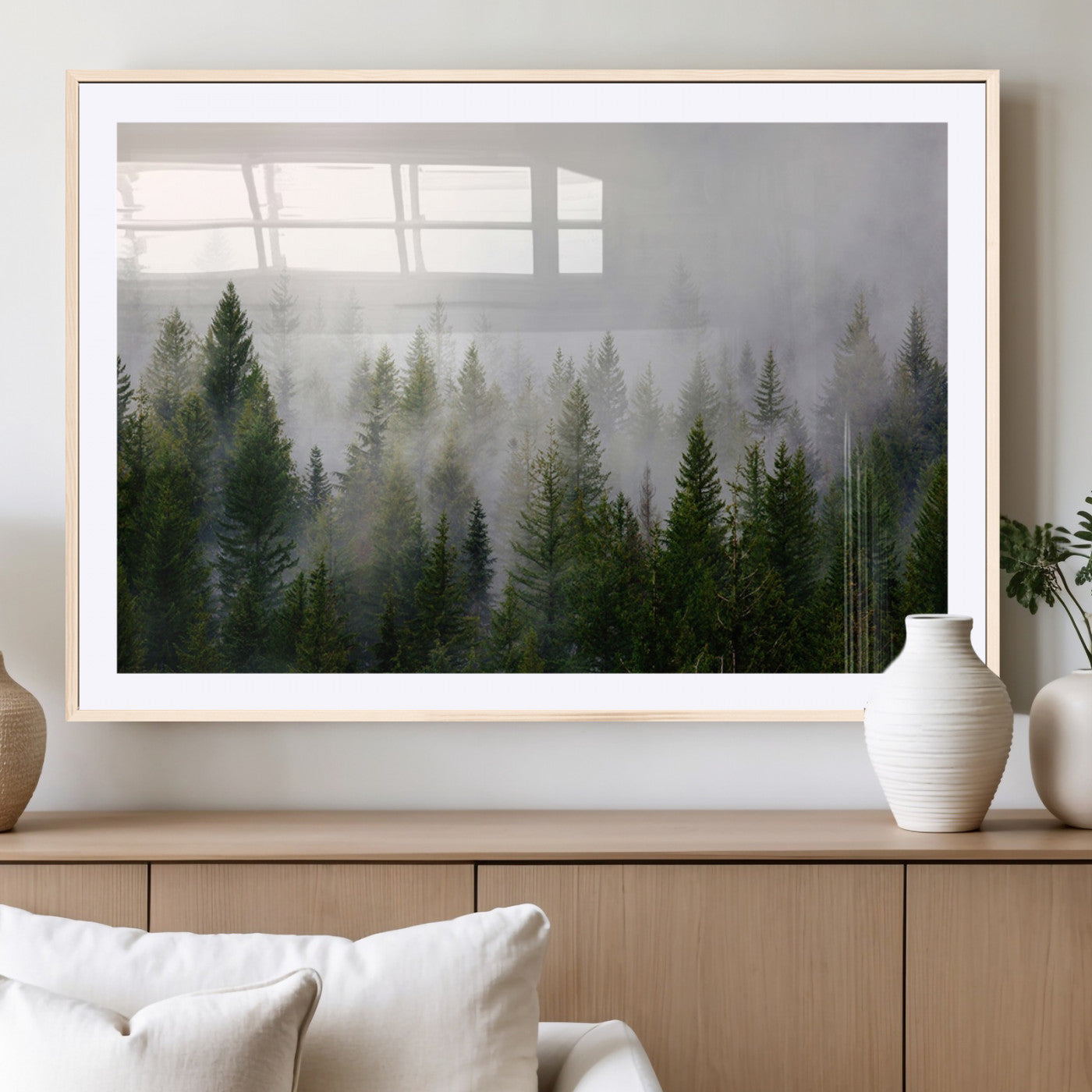 MGC-FP-36x24 - Misty Pine Forest Wall Art Canvas Print | 3 Panel Green Woodland Canvas Print for Living Room,