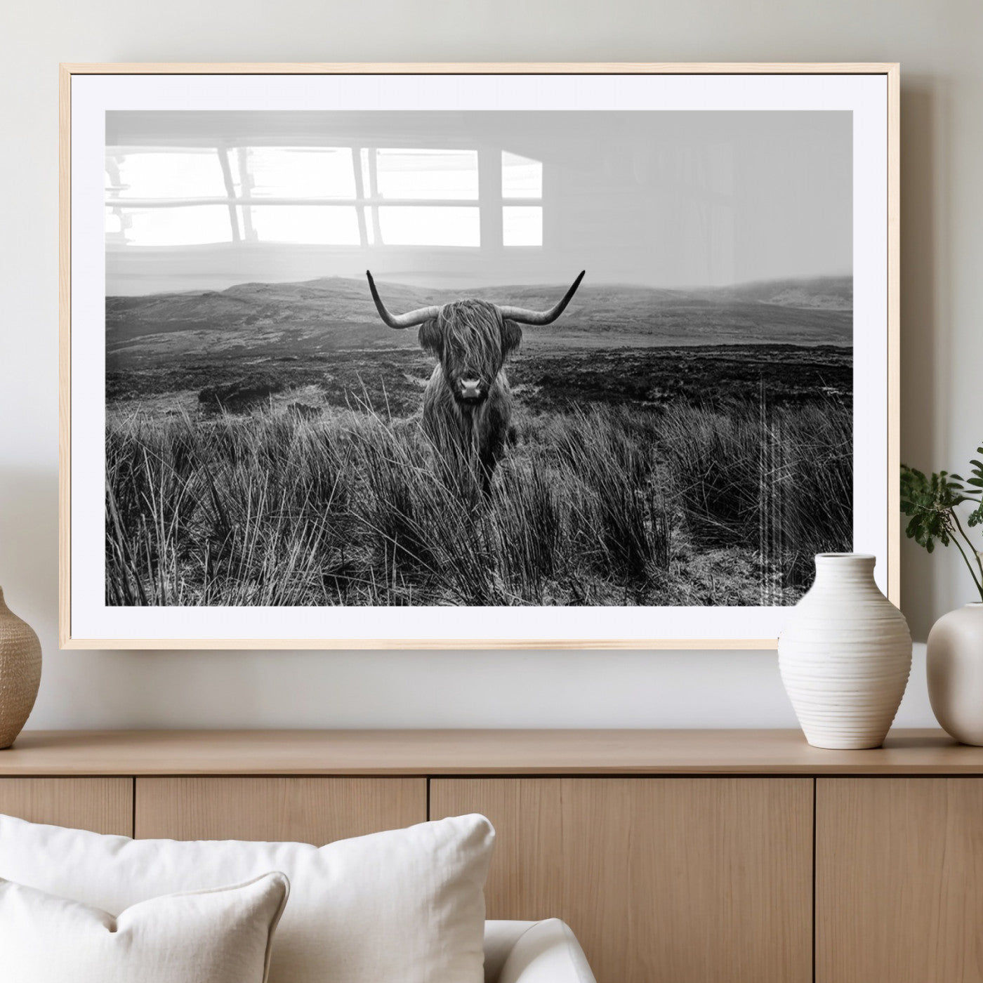 MGC-FP-36x24 - Black and White Highland Cow Canvas Wall Art, Longhorn Triptych Western Wall Decor for Cabin -
