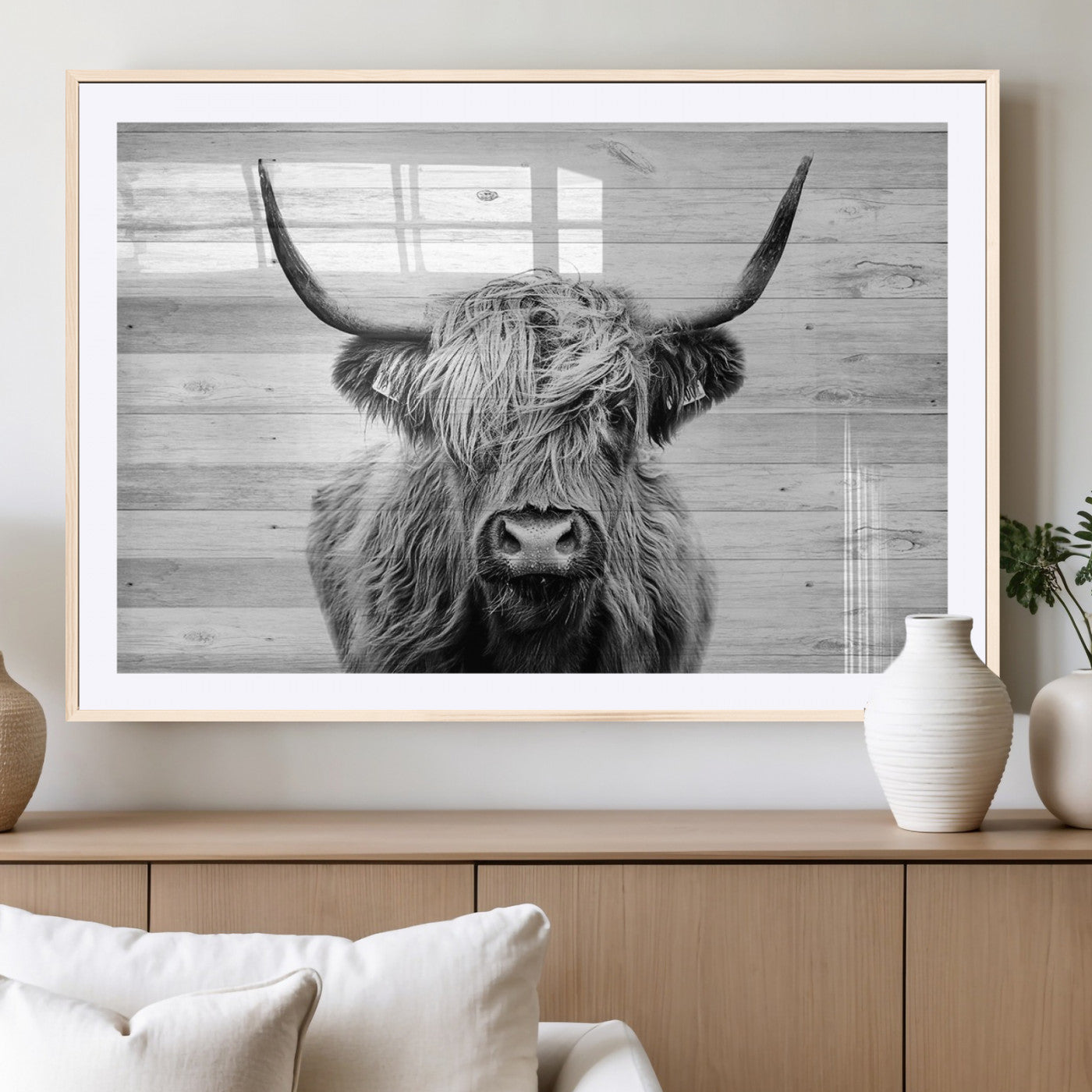 MGC-FP-36x24 - Scottish Highland Cow Cattle Art Print on Wood Background Style, Scottish Highland Cow Wall Art
