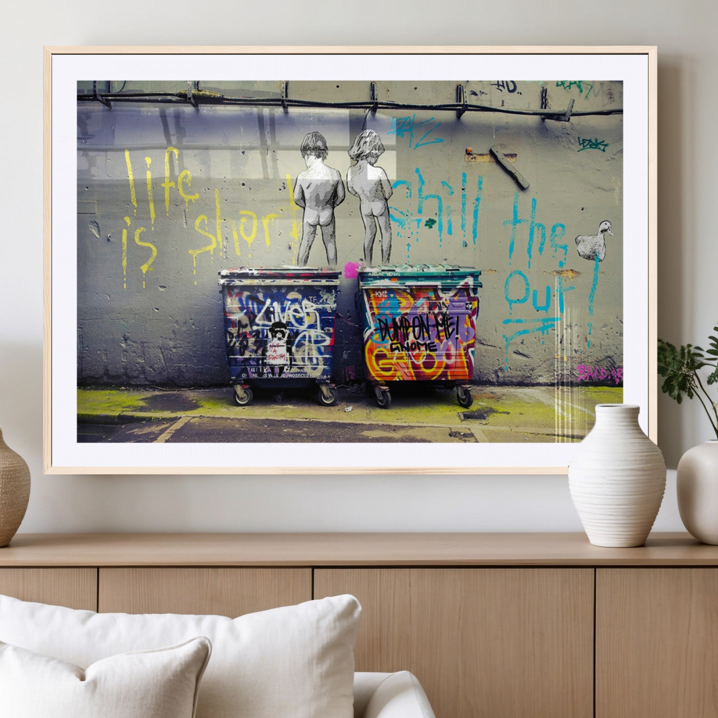 MGC-FP-36x24 - Banksy Life is Short Wall Art - Iconic Graffiti Art on Framed Ready-to-Hang Canvas - Street Art