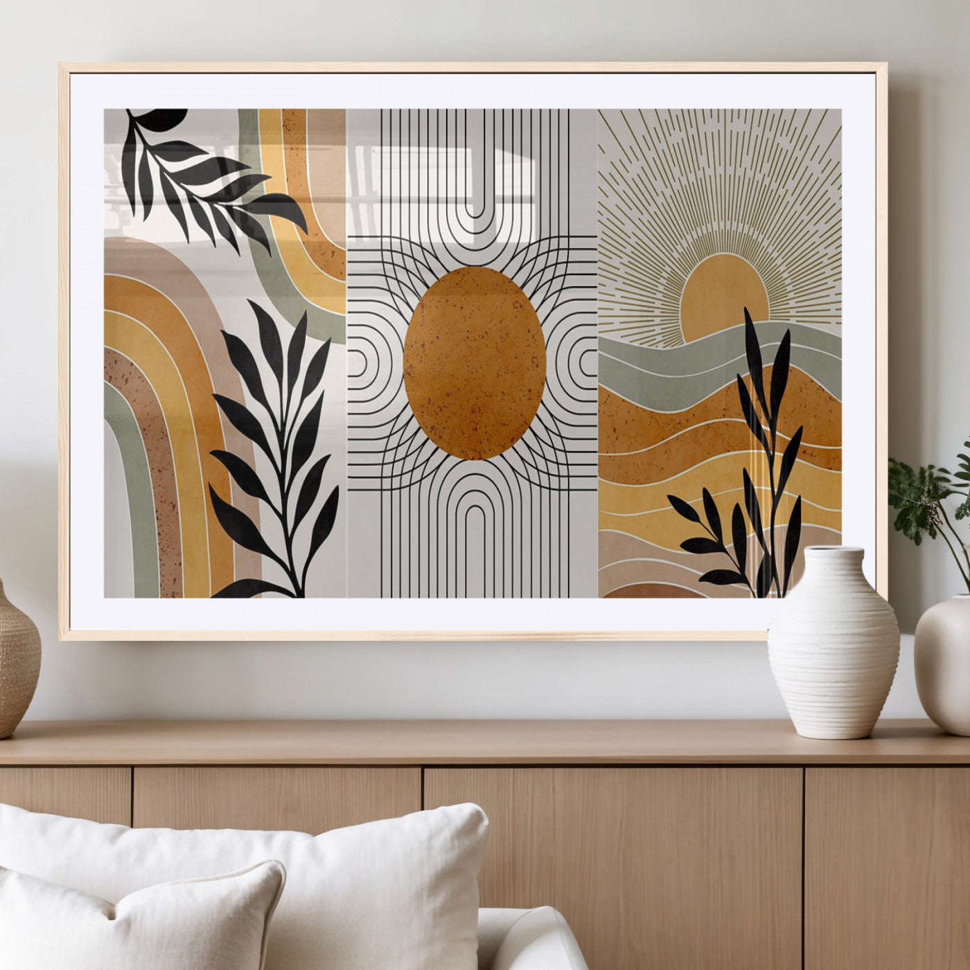 MGC-FP-36x24 - Modern Boho Sun and Leaf Abstract Art – 3-Panel Giclée Canvas for Mid-Century Modern or Bohemian