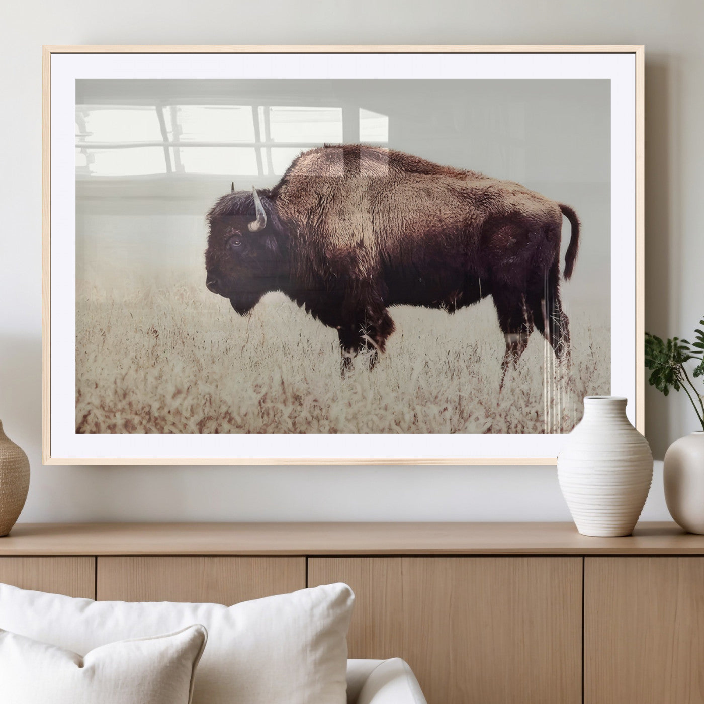 MGC-FP-36x24 - Bison in Field Wall Art Canvas Print For Farmhouse Barn Decor