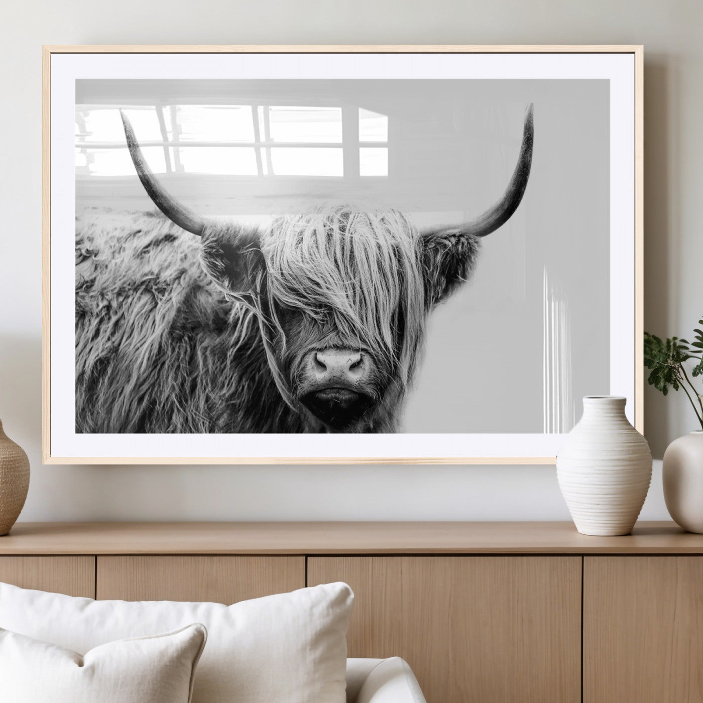 MGC-FP-36x24 - Black White Scottish Highland Cow Cattle Art Print Farmhouse Wall Art Canvas Print