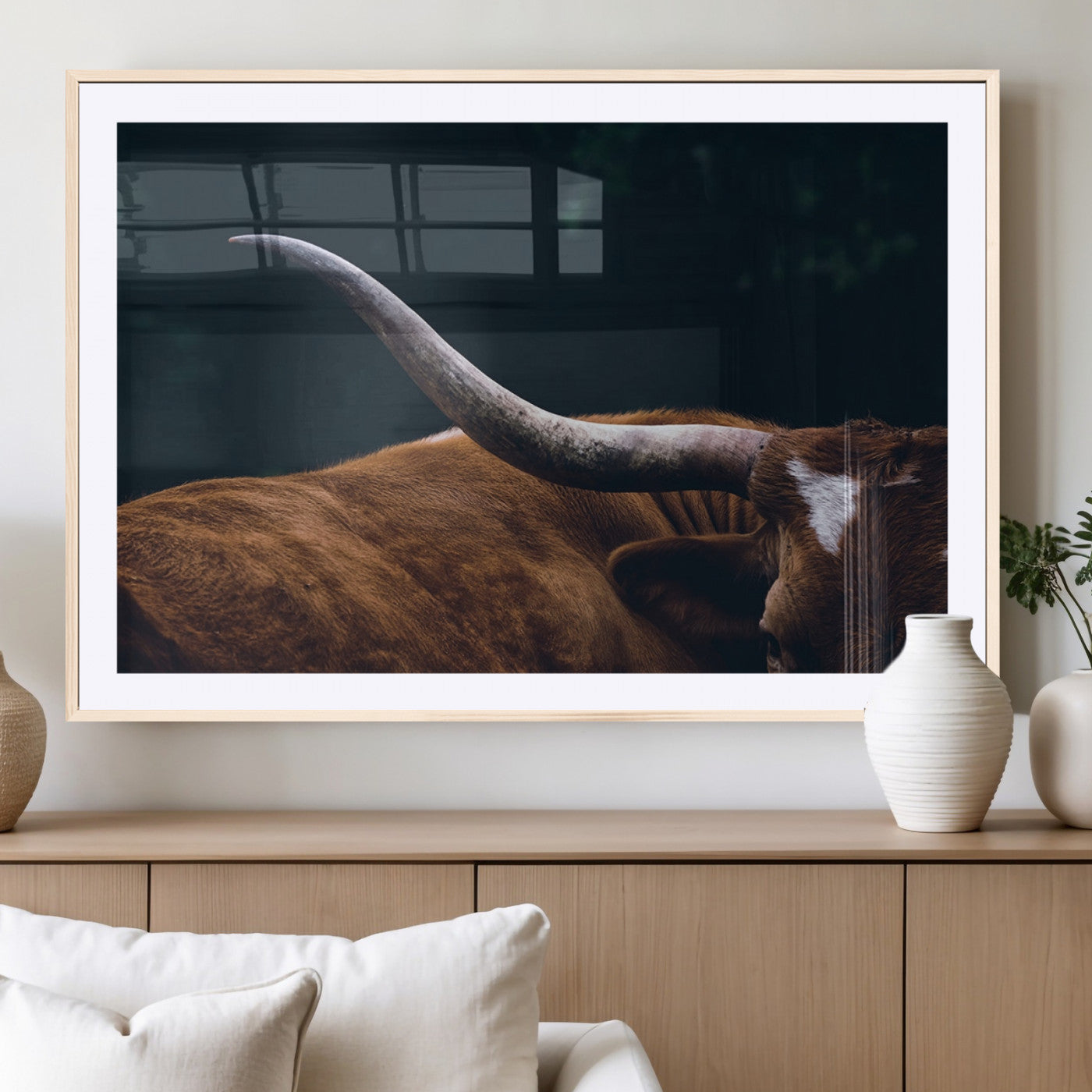 MGC-FP-36x24 - Texas Longhorn Bull Wall Art Canvas Print - Large Framed Canvas Wall Art, Farmhouse Cabin Wall