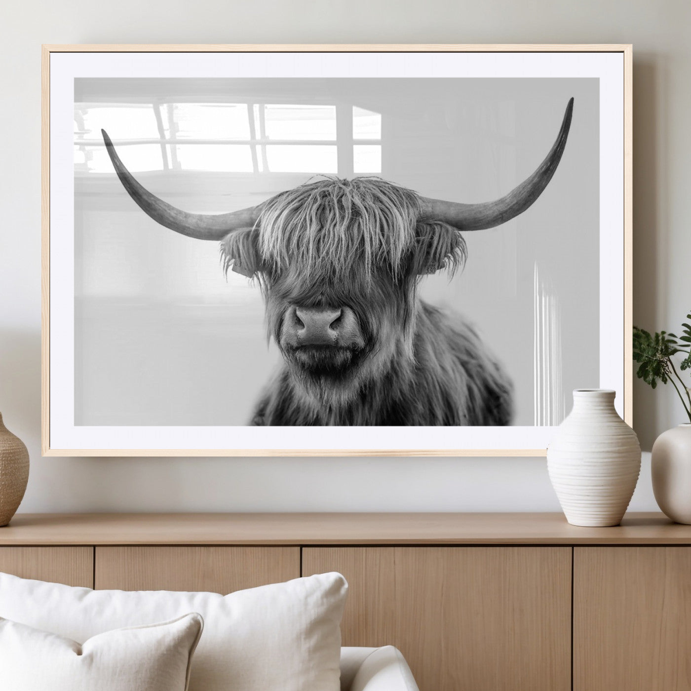 MGC-FP-36x24 - Grayscale Scottish Highland Cow Cattle Art Print Farmhouse Wall Art Canvas Print