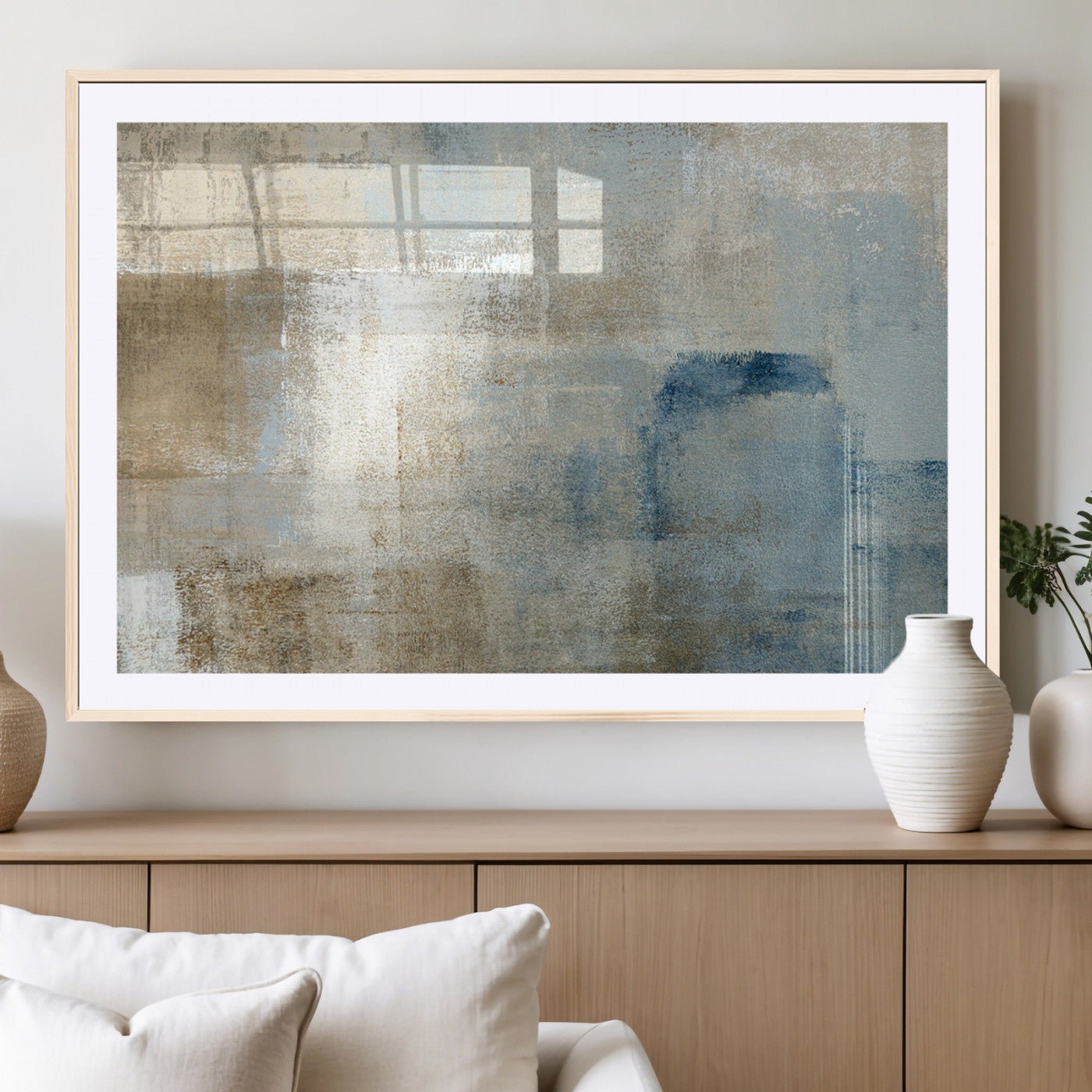 MGC-FP-36x24 - Abstract Blue and Beige Wall Art, Modern Minimalist Canvas Print Set, Giclee Textured Art, Large