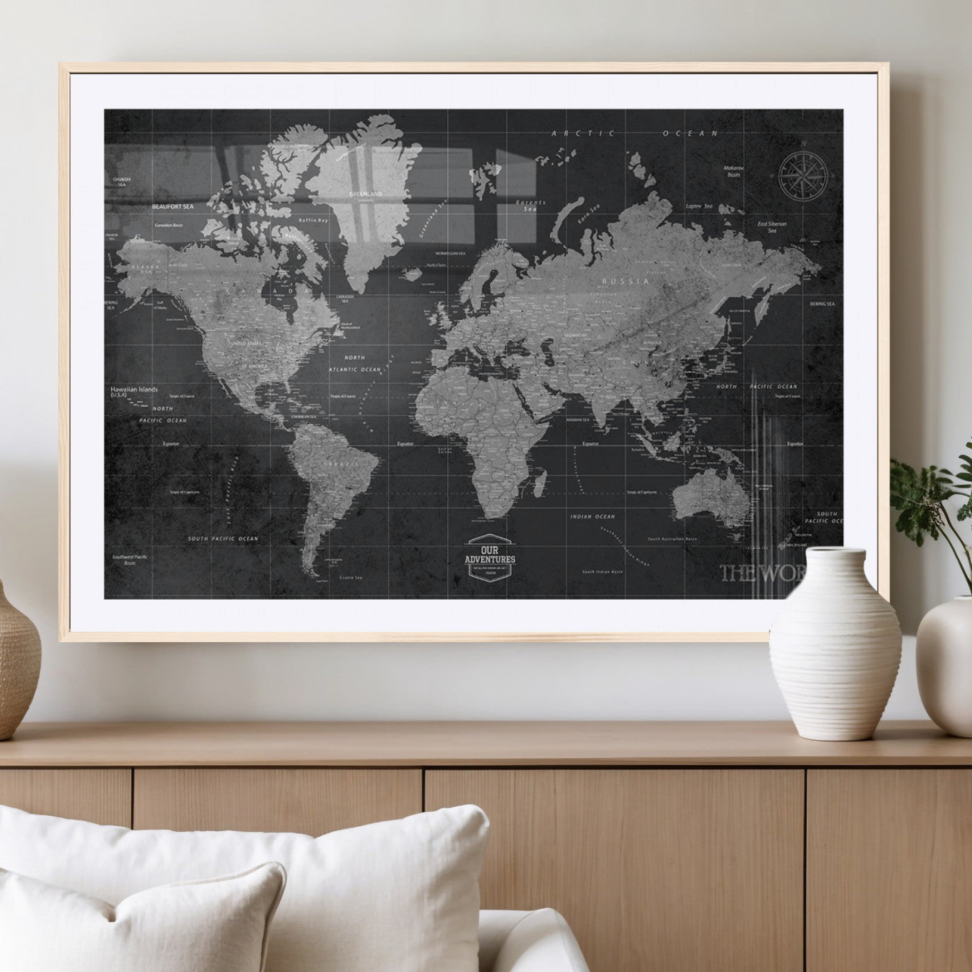 MGC-FP-36x24 - Push Pin World Map Canvas Print – Framed Wall Art for Couples to Track Their Travels – Anniversary