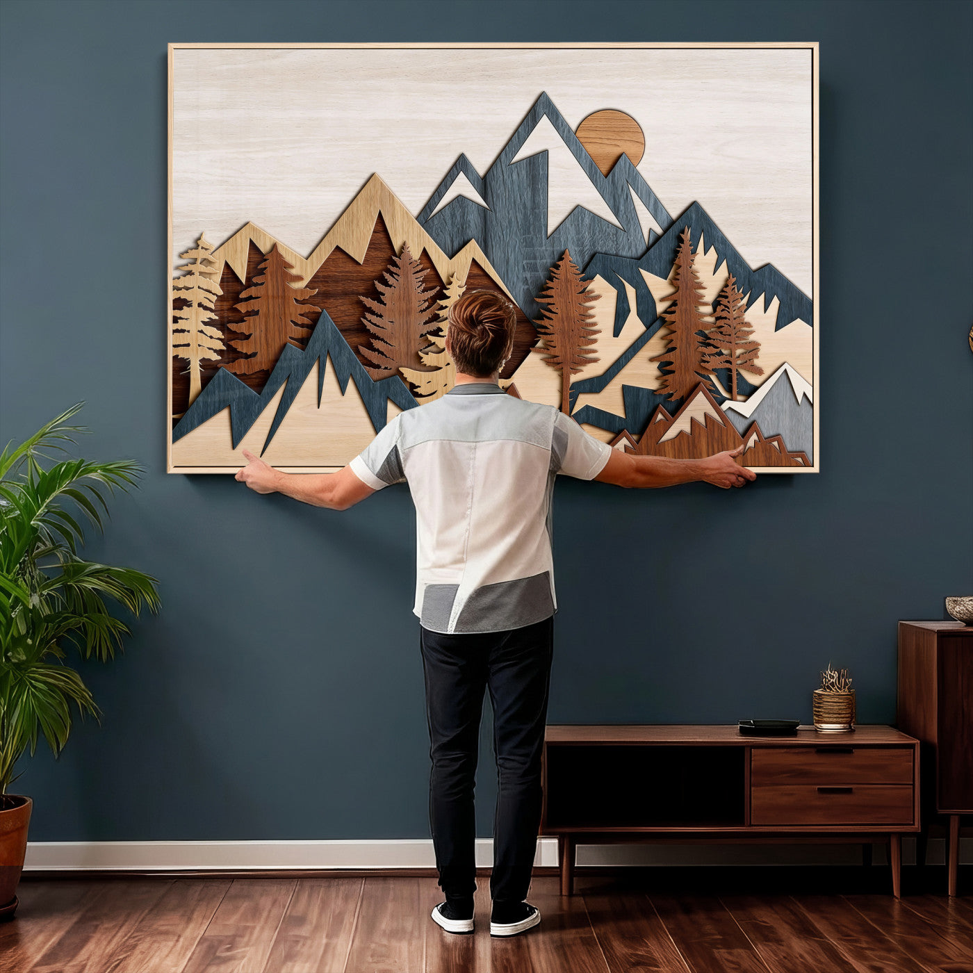 67950-MGV-CV-36X24 - Rustic Abstract Wood Panel Effect Canvas Mountain Range Top Wood Wall Art Canvas Print