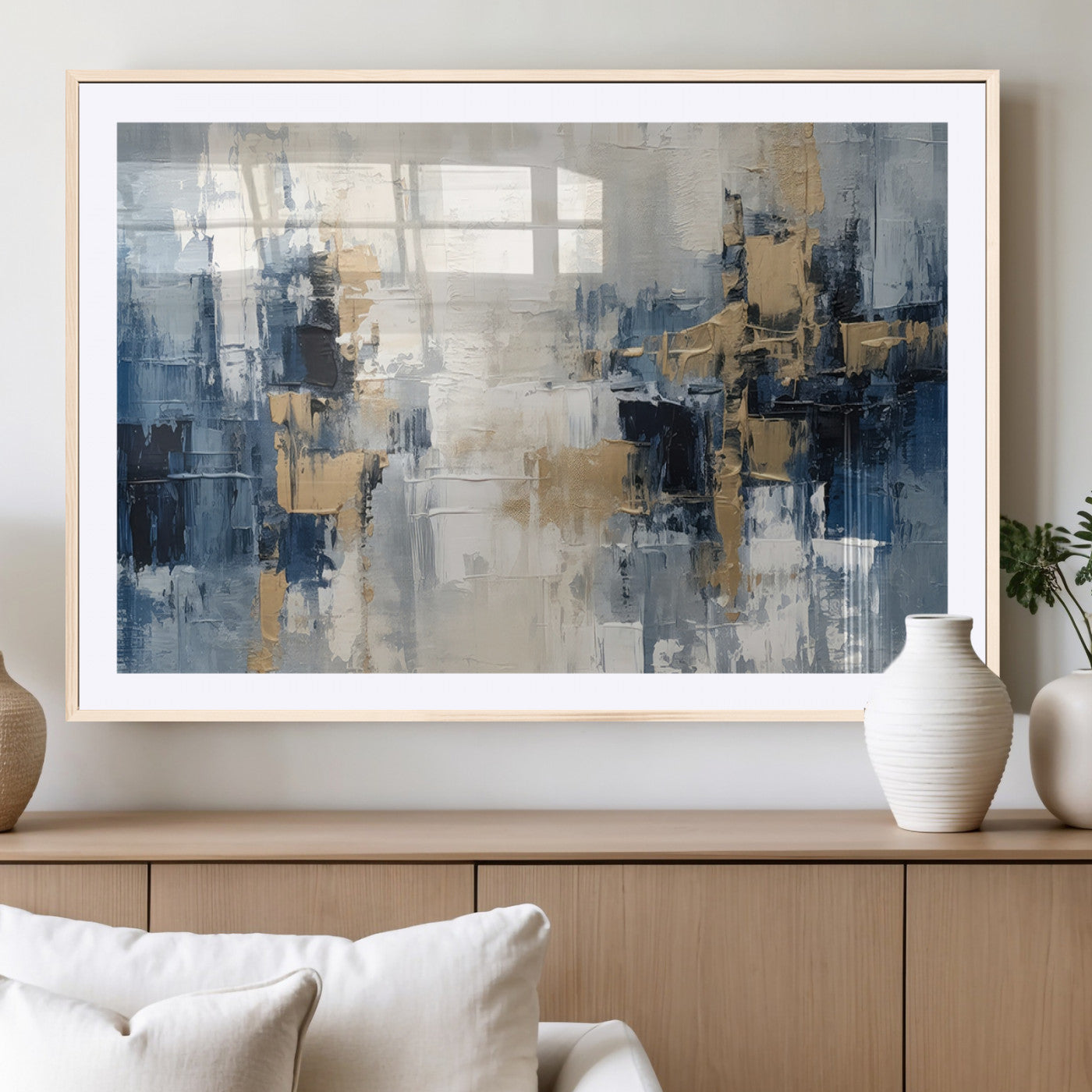 -Modern Abstract Canvas Wall Art in Blue and Gold Tones | Large Contemporary Art for Living Room,