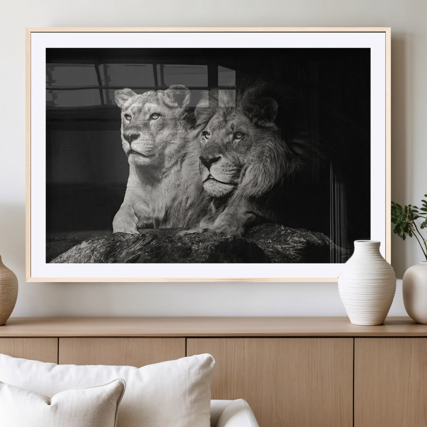 MGC-FP-36x24 - Lion Couple Canvas Wall Art Print – Elegant Wildlife Portrait in Black and White Lion Family – Ready