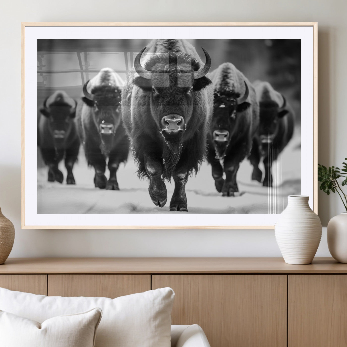 MGC-FP-36x24 - American Bison Art | Buffalo Herd Wall Art Canvas Print, BW American Bison Herd Wall Art Canvas