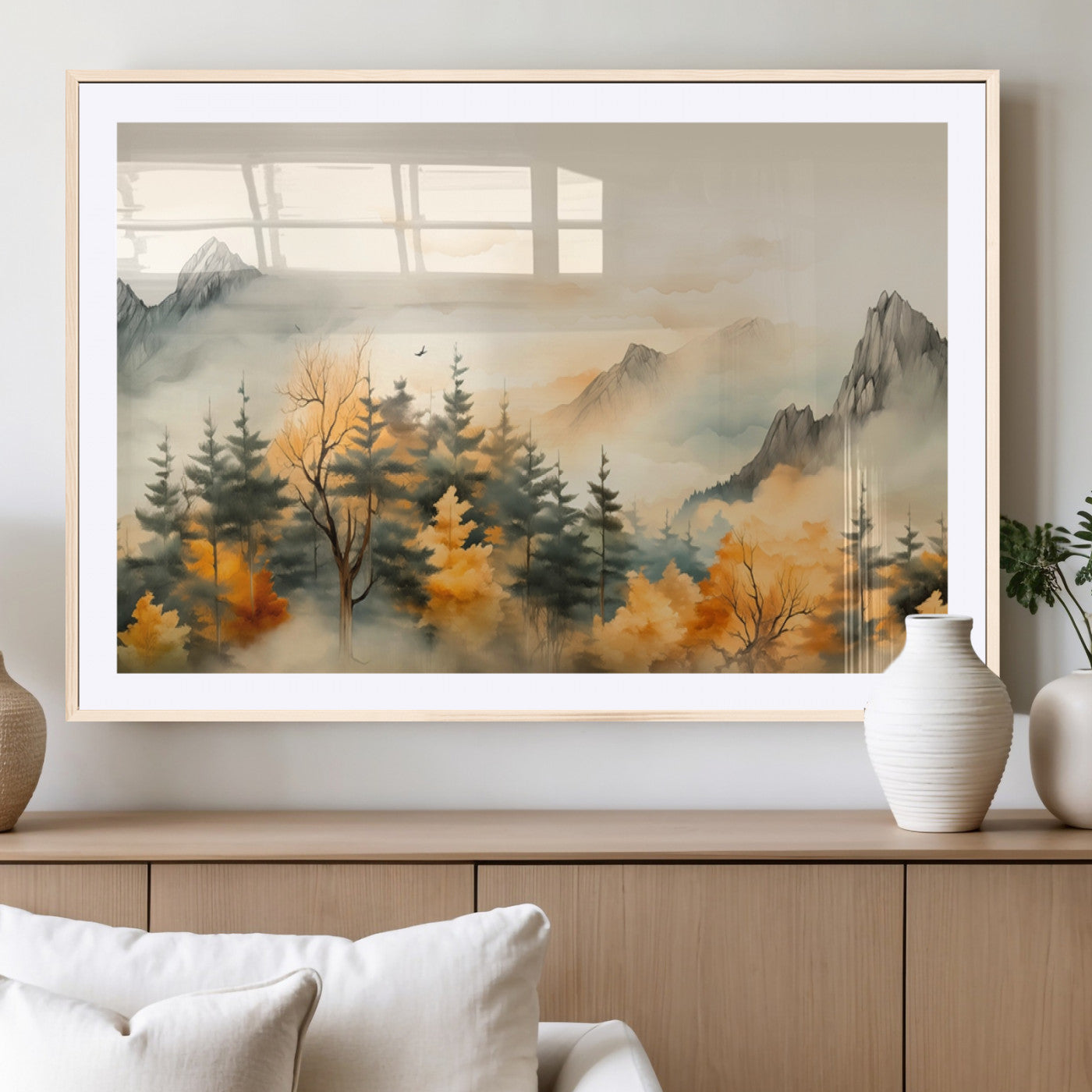 MGC-FP-36x24 - Abstract Watercolor Mountains and Trees Autumn Art, Watercolor Mountains and Trees Canvas Print