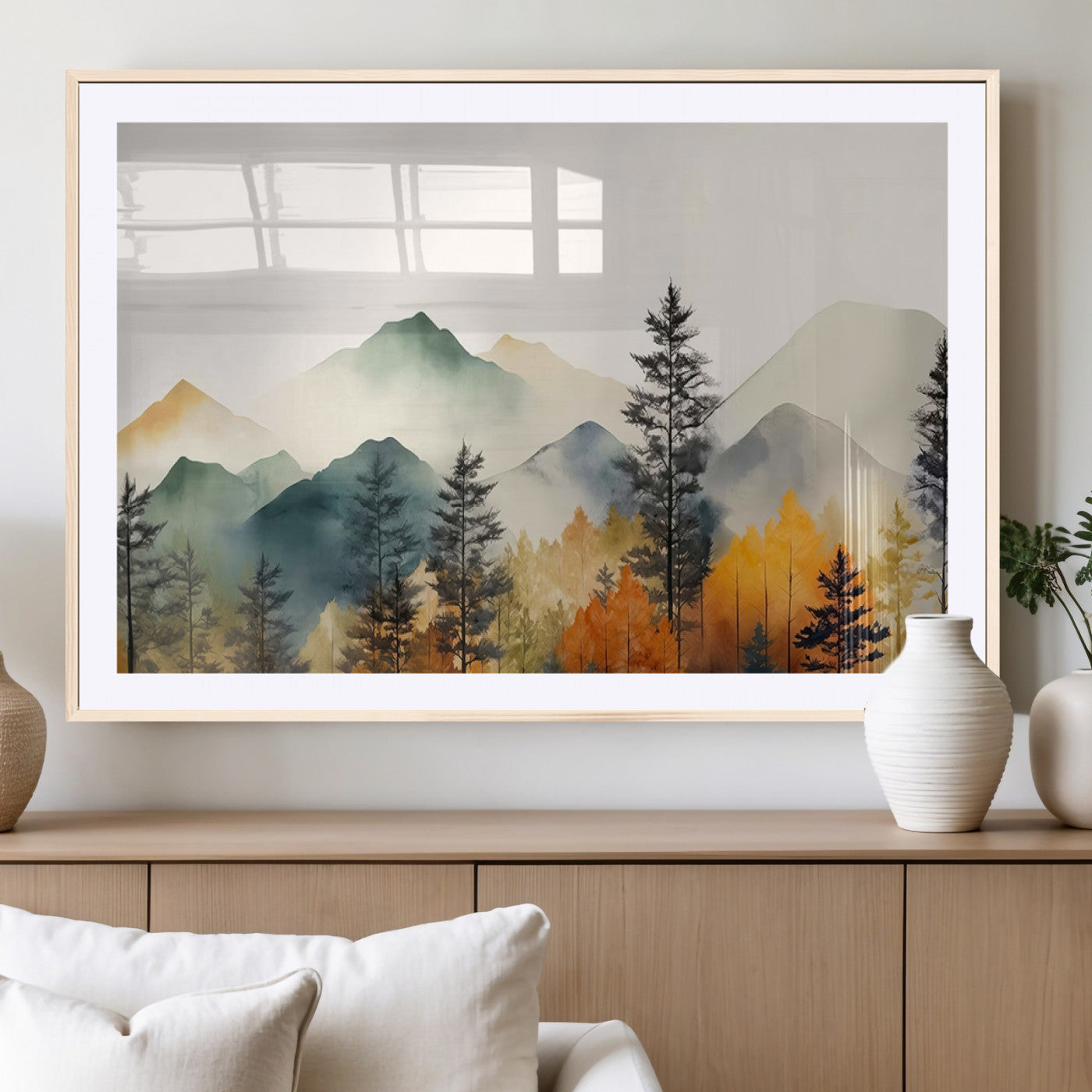 MGC-FP-36x24 - Abstract Watercolor Mountains and Trees Autumn Wall Art, Mountains and Trees Autumn Wall Art Canvas
