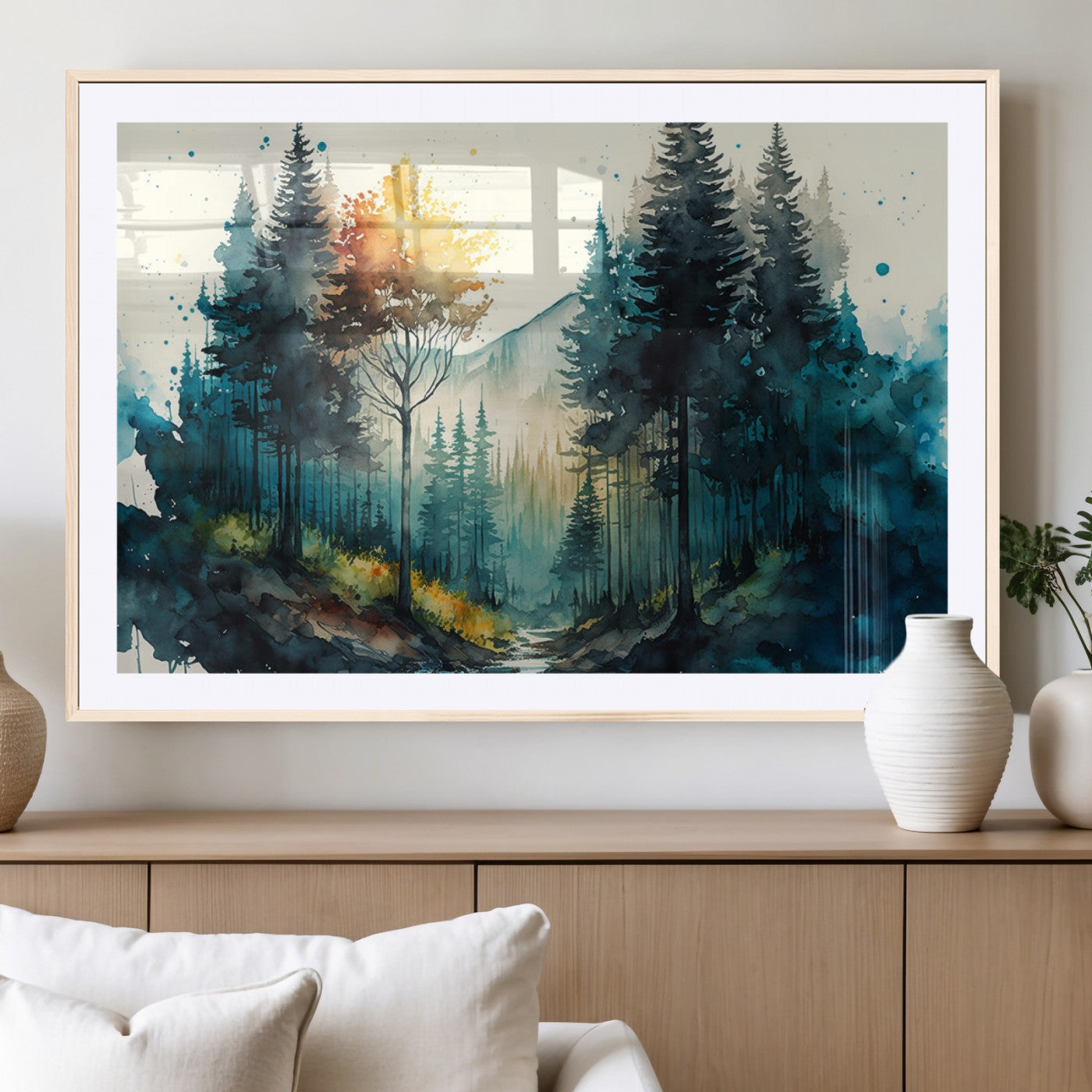 -Watercolor Trees Forest Abstract Wall Art Canvas Print, Framed Watercolor Trees Wall Art