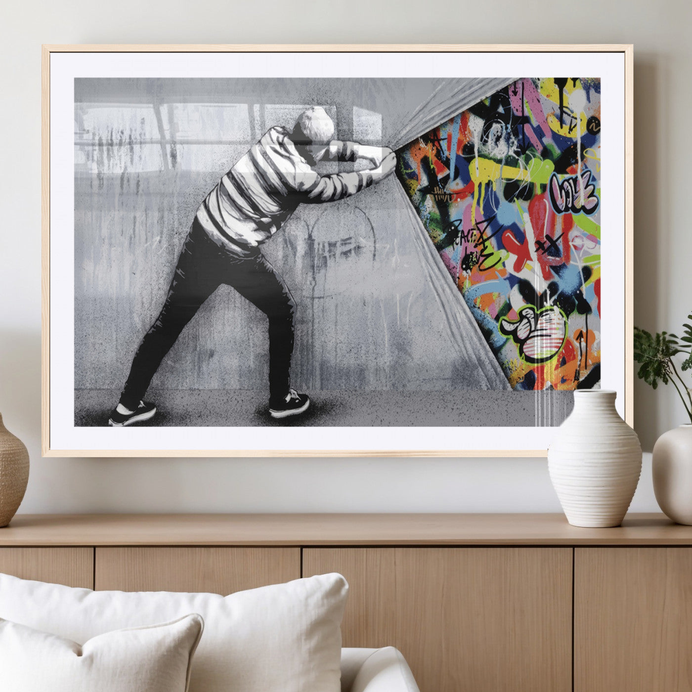 MGC-FP-36x24 - Banksy Art Behind the Curtain Street Wall Art Canvas Print | 3-Panel Urban Graffiti-Inspired Wall