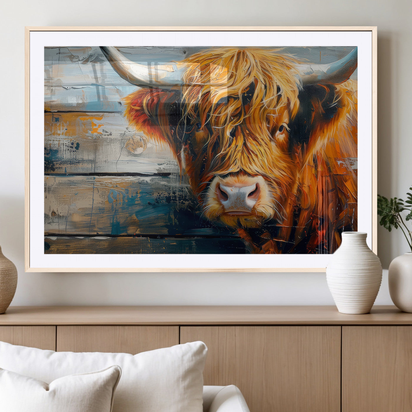 -Highland Cow Abstract Canvas Wall Art – Bold Farmhouse Rustic Decor – Ready to Hang