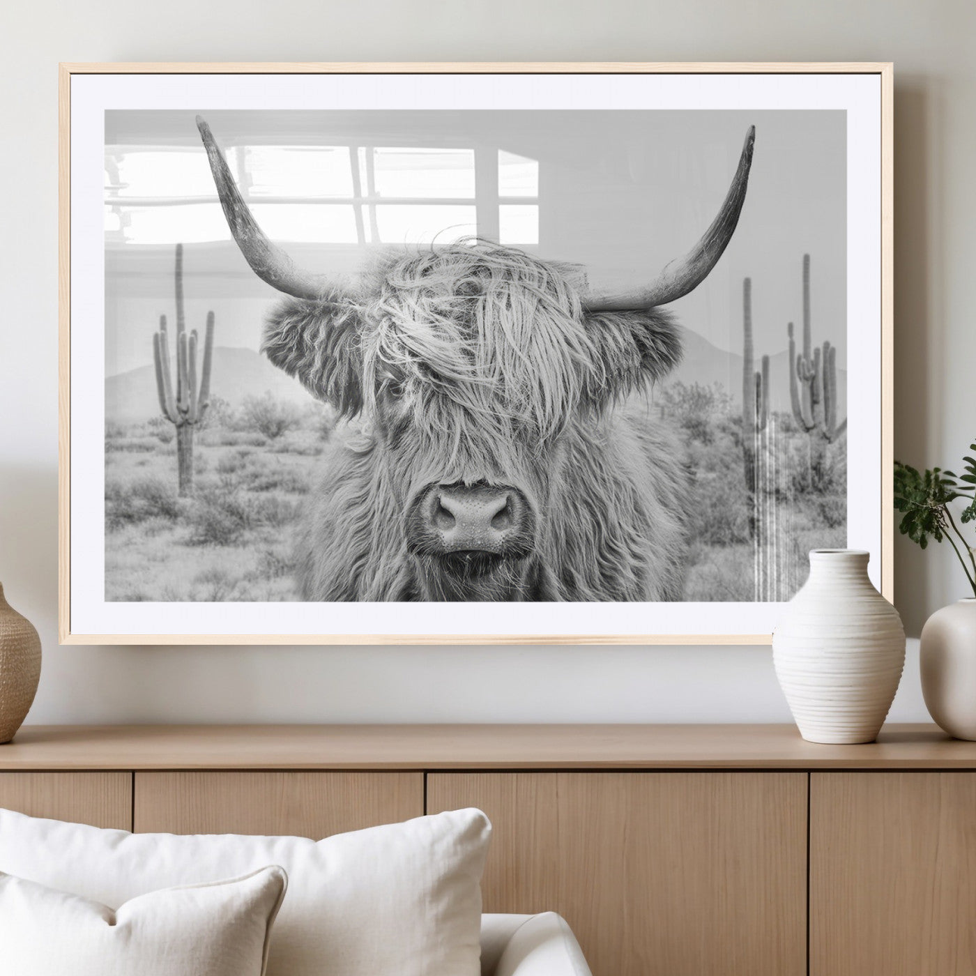 94579-MGC-FP-36x24_Natural-Rustic Charm | Cow Longhorn Black White Bighorn Wall Art Canvas Print | Farmhouse Wall Art