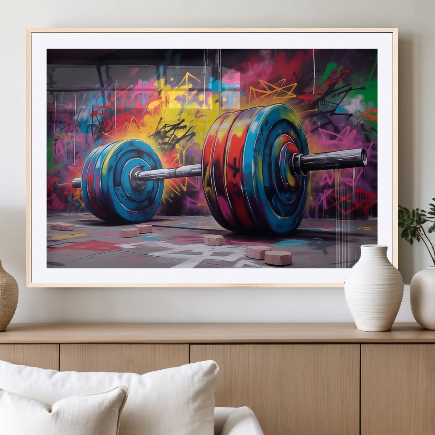 MGC-FP-36x24 - Abstract Graffiti Barbell Canvas Wall Art – Urban Fitness Meets Bold Street Art Print - Gym Wall Art Print