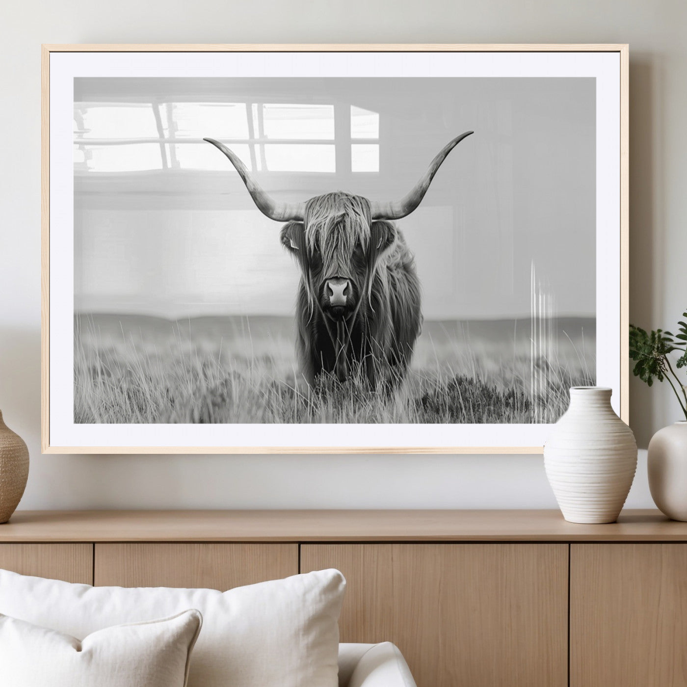 MGC-FP-36x24 - Highland Cow Canvas Wall Art – Majestic Beauty in Black and White