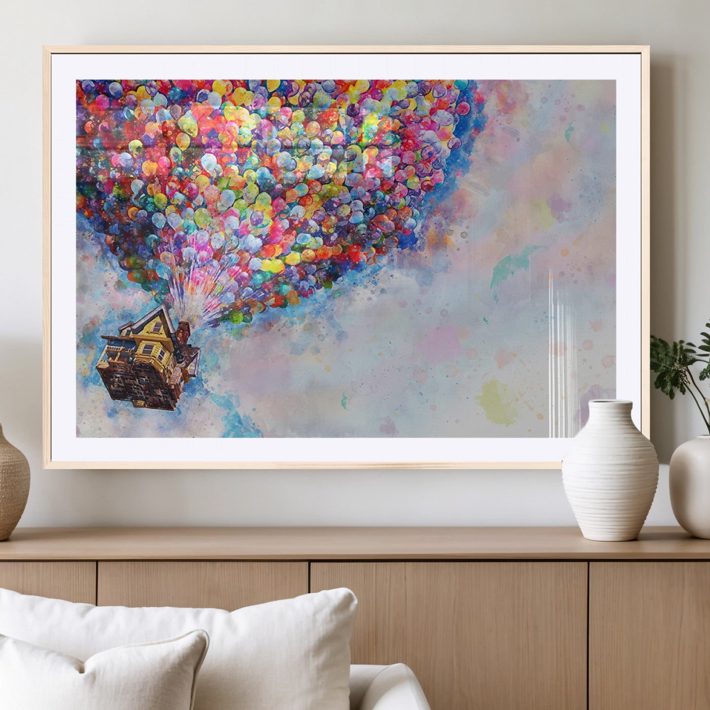MGC-FP-36x24 - Don't Look Up Movie Canvas Wall Art - Vibrant Floating House and Balloons Scene, Tribute to Iconic