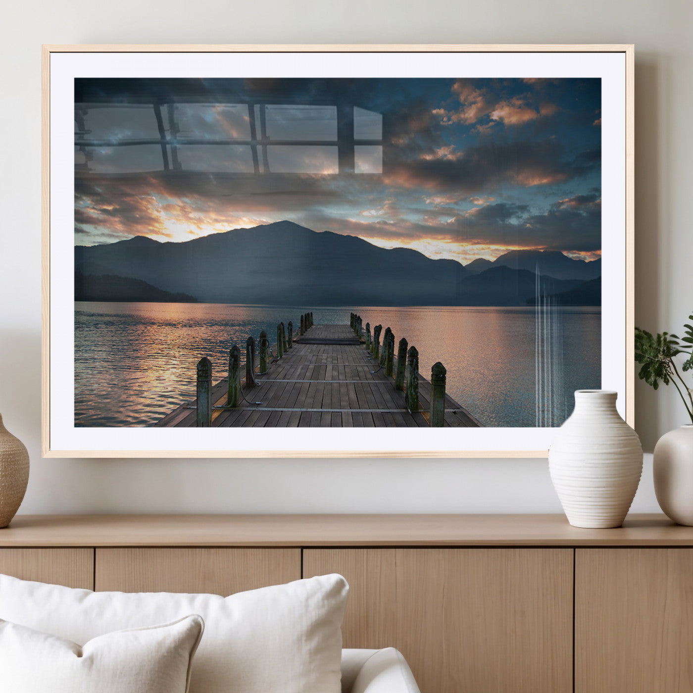 MGC-FP-36x24 - Mountain Lake Wood Pier Canvas Wall Art Nature Lake Print