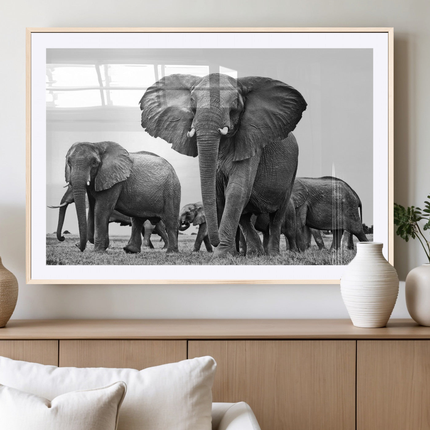 -Black White Elephant Family Wall Art Canvas Print
