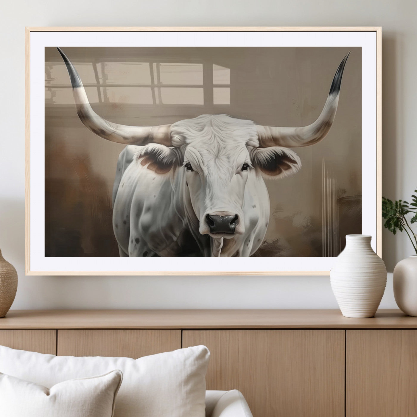 61423-MGC-FP-36x24_Natural-White Longhorn Bull Wall Art Canvas Print – Framed and Ready to Hang – Perfect for Farmhouse and