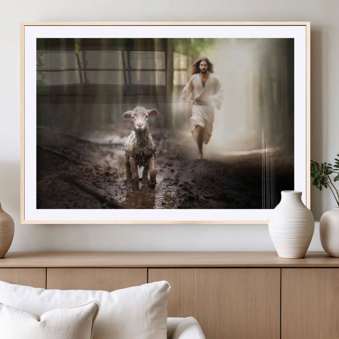 MGC-FP-36x24 - Jesus Canvas Wall Art - Jesus Running After Lost Lamb, Jesus, Christian Home Decor - Church Wall Art