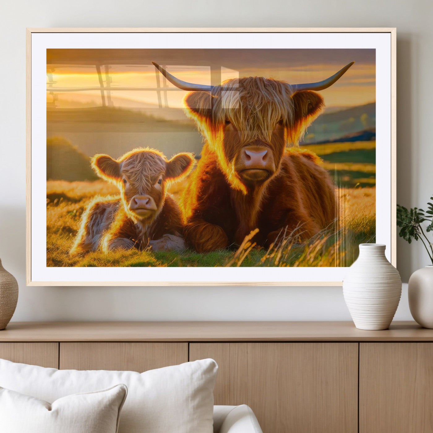 -Scottish Cow and Baby Cow Canvas Wall Art Animal Print Fluffy Cattle Framed Farmhouse Decor