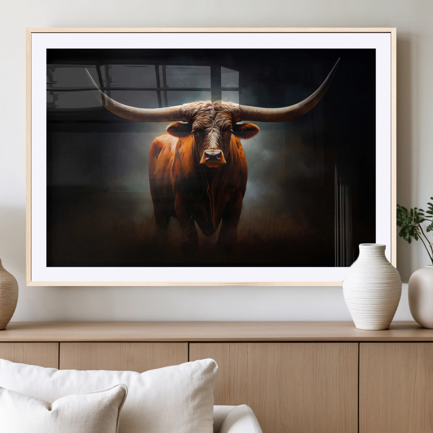 MGC-FP-36x24 - Abstract Texas Longhorn Wall Art Print | 3-Panel Large Texas Longhorn Canvas Print for Living Room,