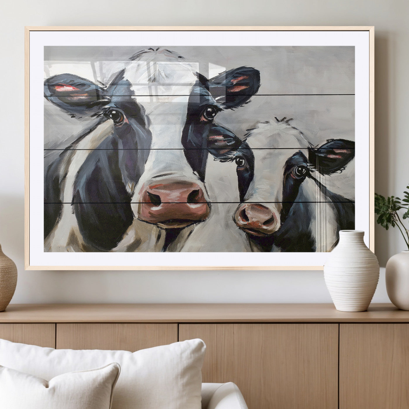 -Vintage Baby and Mom Cattle Wall Art Canvas Print