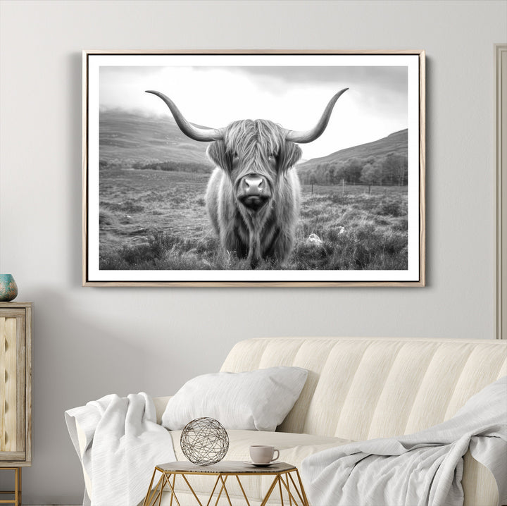Black White Scottish Highland Cow Canvas Farm Wall Art Canvas Print